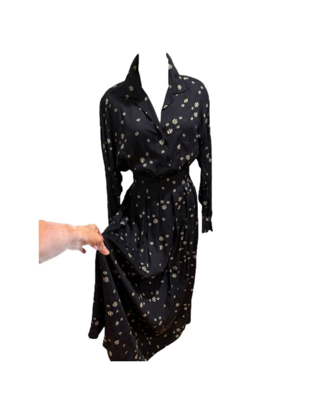80s 2PC J G HOOK TWEE NAVY & GRAY DITZY PRINT BLOUSE & PIEATED MAXI SKIRT 12 - Picture 4 of 14